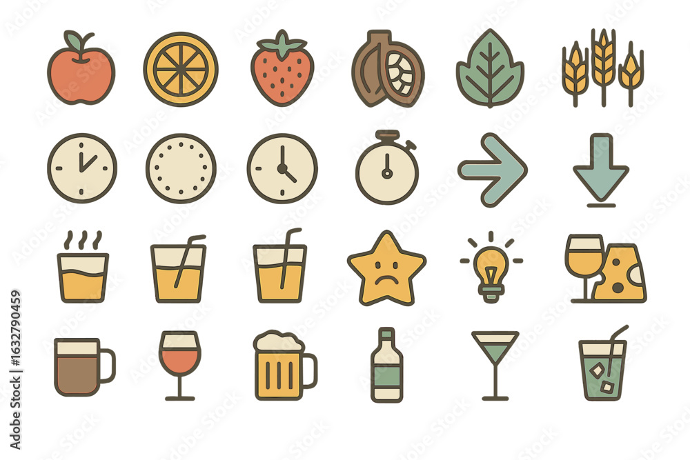 Poster icons representing food, drinks, and time concepts for various applications in a minimal design styl