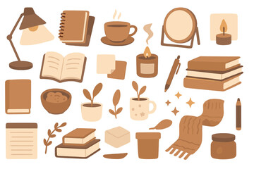Cozy hygge desk clipart set with books, coffee, candles, lamp, potted plants, scarf, cookies and stationery in warm brown palette