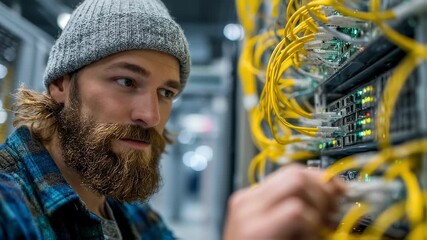 Focused IT specialist in a climatecontrolled server room replacing storage devices and running system checks for efficient data management and operational stability. - Powered by Adobe
