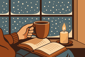 Cozy afternoon by the window with hot drink and candle during a snowy day