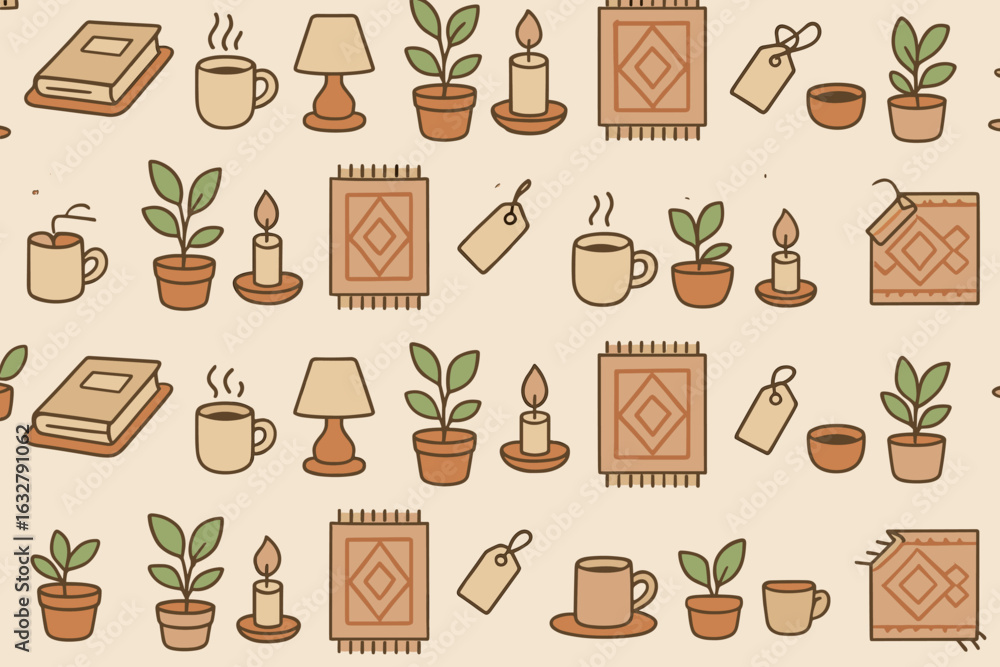Poster Cozy and inviting home decor elements arranged in a harmonious pattern on a light background