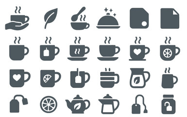 Coffee and tea icons showcasing various cups, teapots, and utensils in a minimalist design for beverage-themed illustration