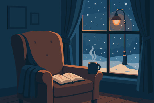 Cozy reading nook by the window during a snowy night with warm drinks and a peaceful atmosphere