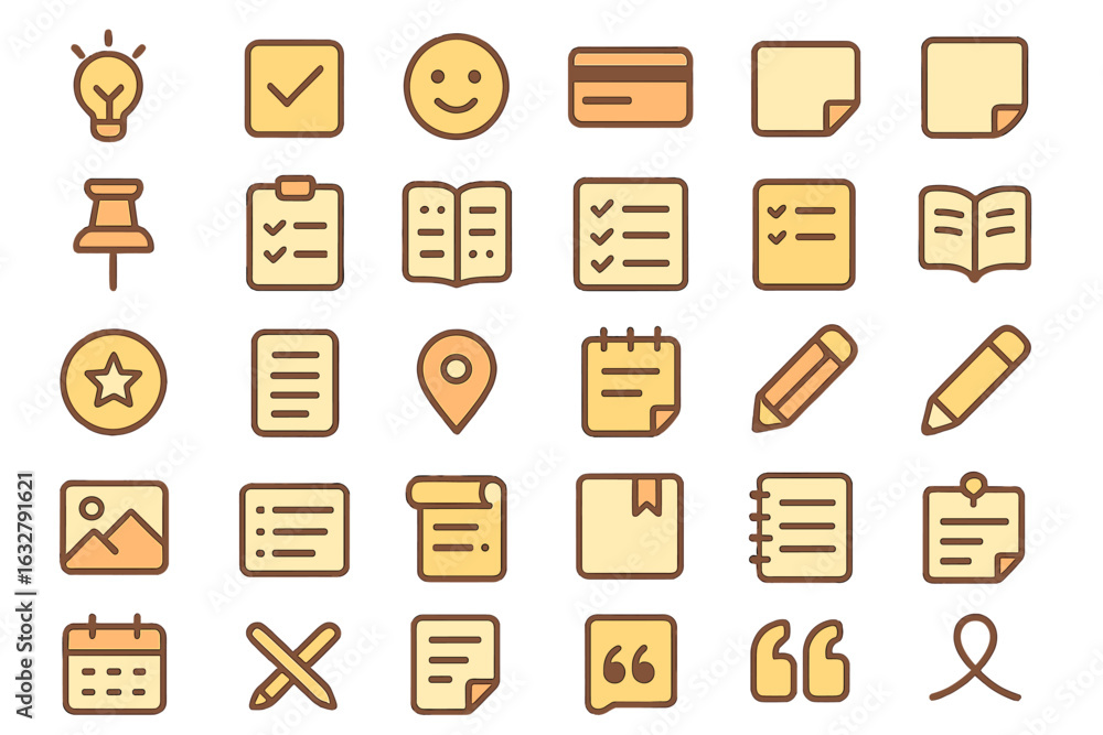 Poster icon set featuring various symbols representing organization, planning, and creativity in a minimali