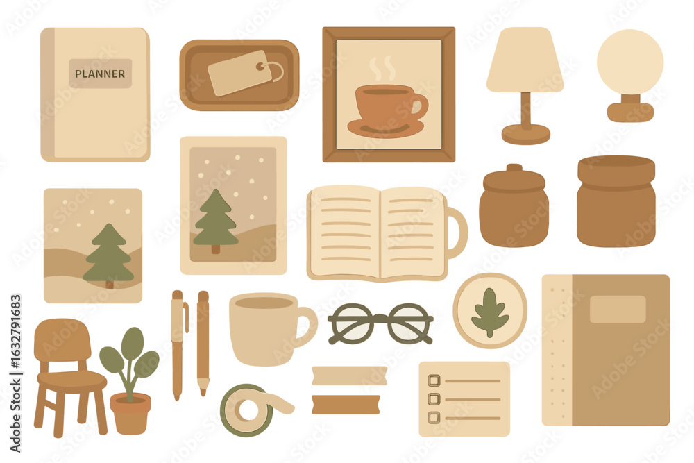 Poster decorative collection of cozy workspace elements for productive planning and organizing tasks