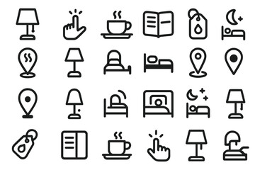 Various icons representing elements of hospitality and comfort at a cozy lodging facility