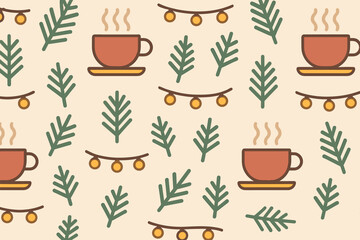 Warm cups with steam and greenery create a cozy autumn pattern background