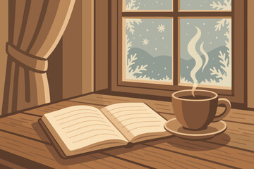 Cozy winter reading nook with a warm cup of coffee and an open book beside frosty window