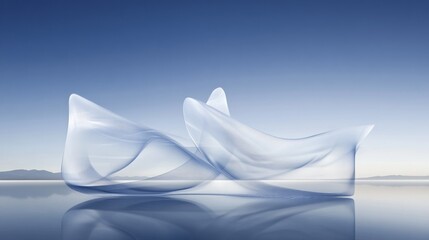 Abstract translucent forms on a serene body of water.