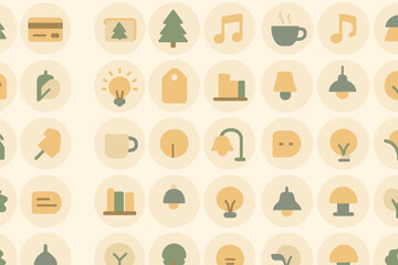 Colorful icon pattern featuring various objects arranged in circles on a light background