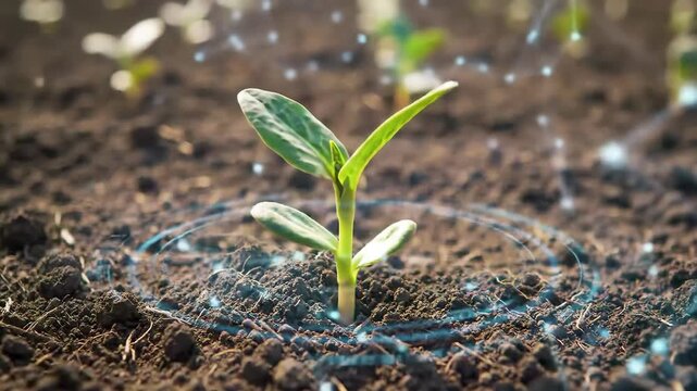 Young Sprout Growing with Futuristic Technology Overlay