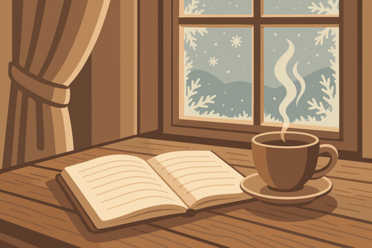 Cozy winter reading nook with a warm cup of coffee and an open book beside frosty window