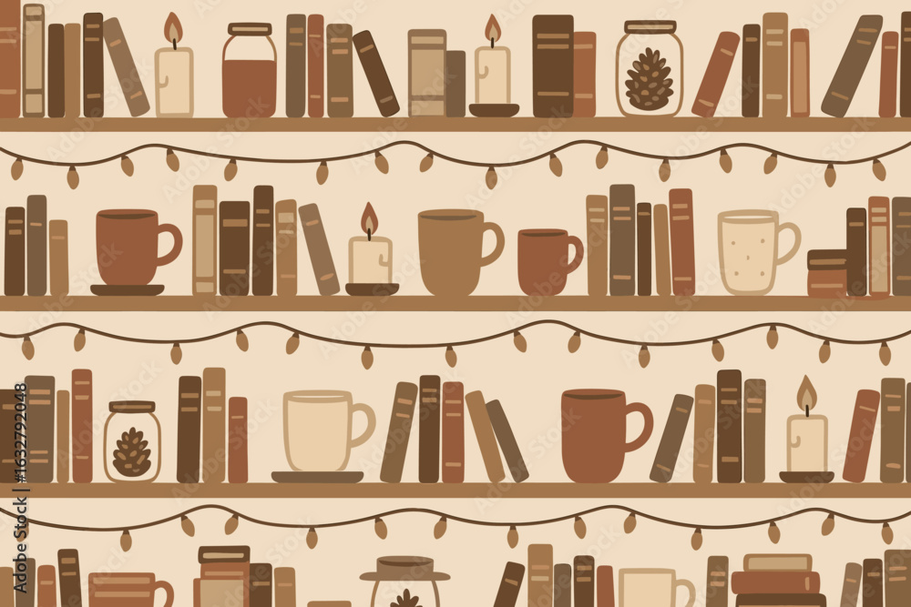 Poster cozy bookshelf design with candles and mugs creating a warm atmosphere