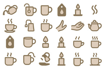Collection of tea and coffee related icons featuring mugs, teapots, candles, and brewing elements in a minimalistic style