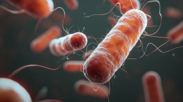 Microscopic view of E. coli rod-shaped (elliptical) bacteria cells. 4k animation