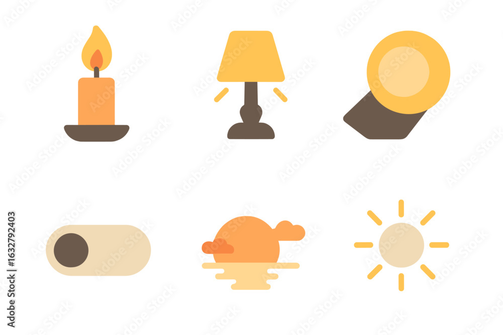 Poster various simple light sources and a sunset depicted in a modern art style with soft colors and shapes