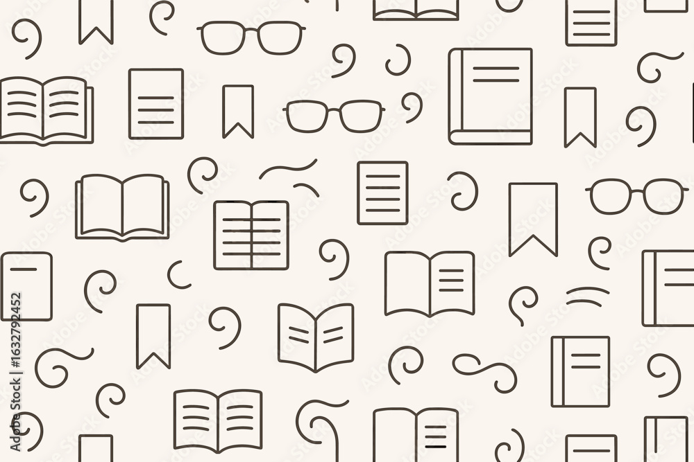 Poster background pattern featuring books, glasses, and bookmarks in a minimalist design with soft colors