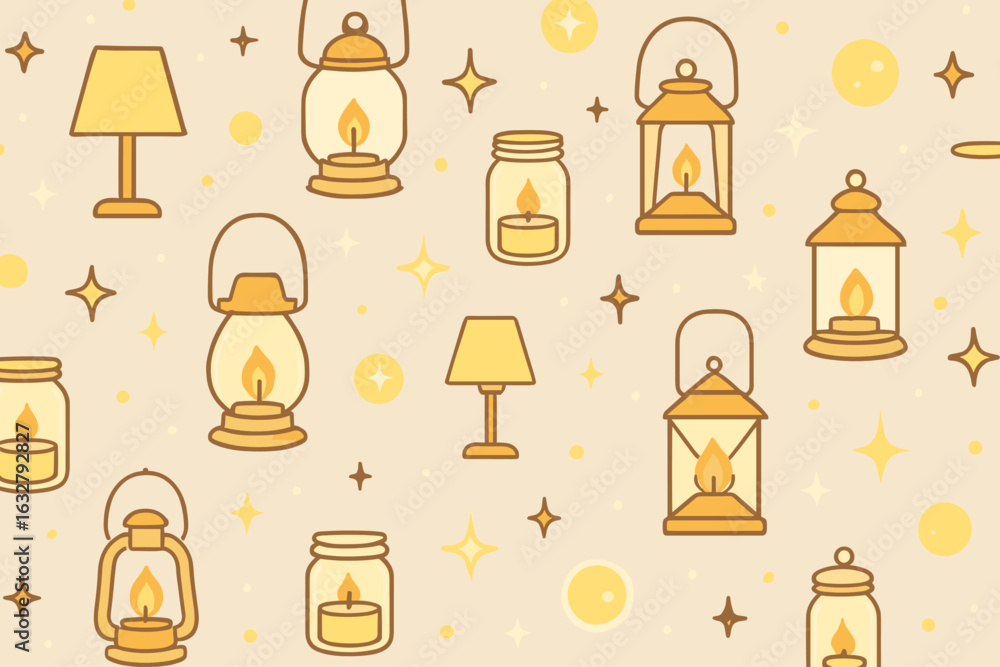Poster warm and cozy patterns featuring various candle light sources ideal for creating a comforting atmosp