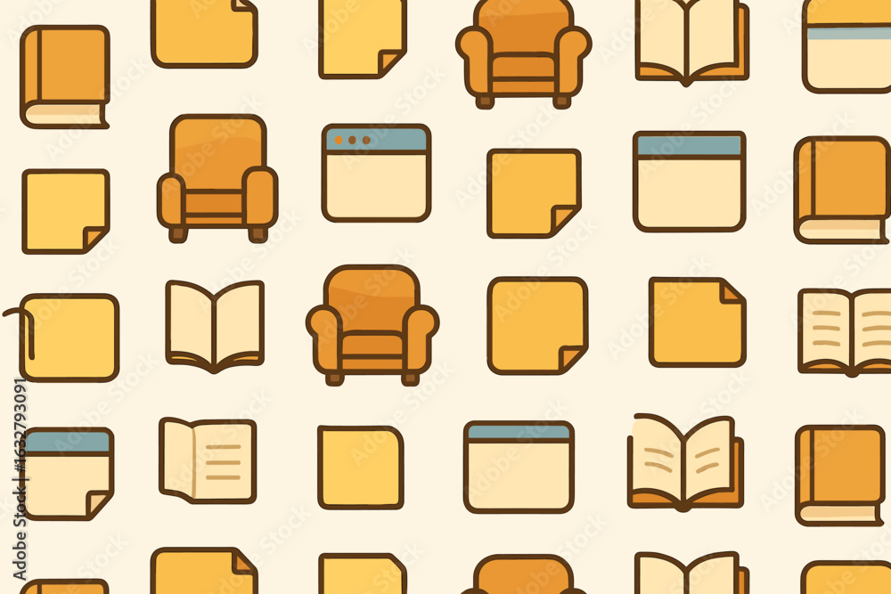 Poster collection of yellow-themed icons featuring books, chairs, and notes arranged in a neat pattern suit