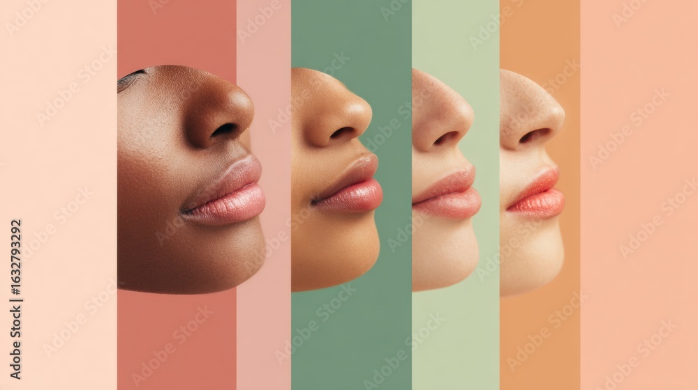 Poster diverse close-up of multi-ethnic cheeks and jawlines blending into soft pastel background for creati