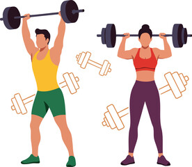 Obraz premium Man and woman lifting barbells in gym workout strength training fitness vector illustration 