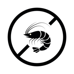 Seafood Shellfish Free Vector Flat Icon with Shrimp Design on White Background. Seafood Allergen Free in Prohibition Circle for Web, Packaging.	