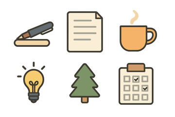 Creative workspace elements including a pen, notepad, coffee mug, light bulb, tree, and checklist for productivity