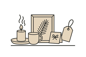 Cozy indoor arrangement featuring a candle, cup, and decorative items on a minimalist table