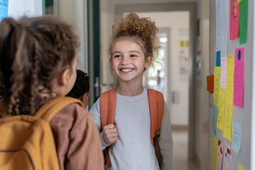 Happy schoolgirl smiling at friends at home before going to school