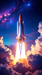 Rocket launching into a night sky filled with vibrant nebulae and clouds