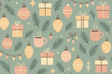 Festive holiday decoration with gifts, ornaments, and cozy mugs on a soft green background