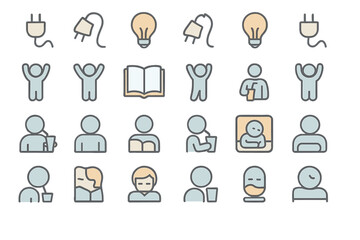 Various simple icons representing concepts such as energy, learning, and human emotions displayed on a light background