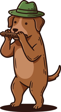 Dog playing harmonica wearing green hat standing on hind legs vector illustration in cartoon style 