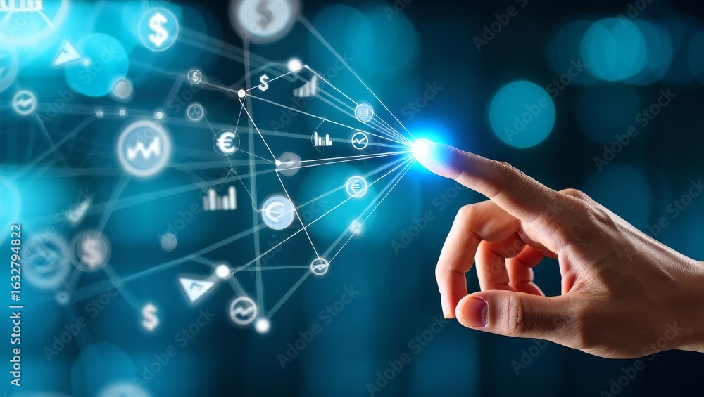 Aufkleber hand touching digital interface technology connecting business data and network hub