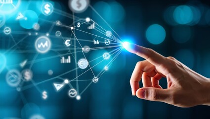 Hand touching digital interface technology connecting business data and network hub