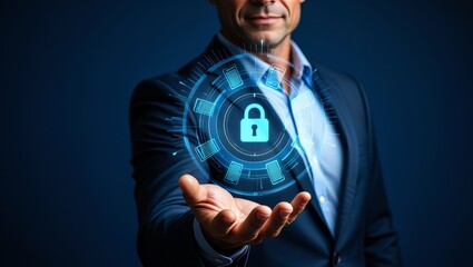 Secure data protection concept businessman holding digital padlock cyber security
