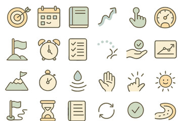 Various icons representing time management, productivity, and goal setting in a structured layout