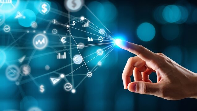 Hand touching digital interface technology connecting business data and network hub