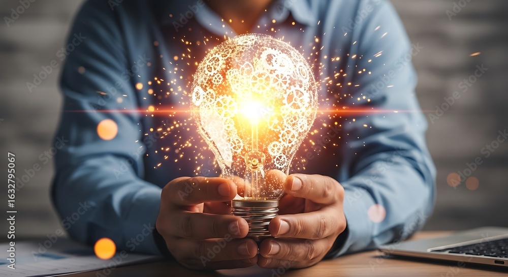 Poster hands holding a glowing light bulb filled with intricate gears and sparkling particles, symbolizing 