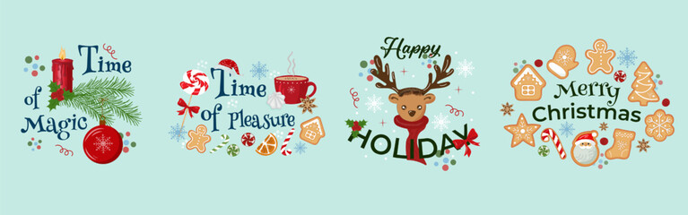 Colorful vector set of Christmas phrases with gingerbread cookies, candy, candle, cocoa, reindeer, and ornaments. Perfect for cards, banners, packaging, and festive designs.