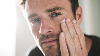 Man Applying Skincare Product in Bright Indoor Setting During Daytime Routine Focused on Grooming and Skincare