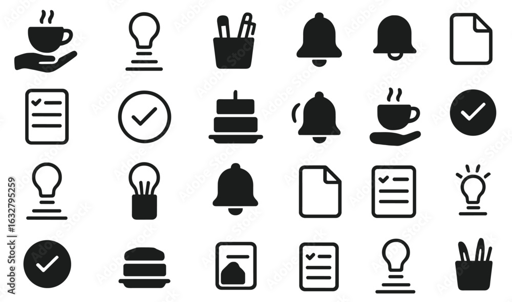 Aufkleber collection of simple black and white icons featuring office and coffee elements suitable for design 