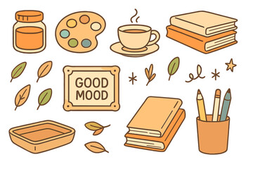 Creative workspace showcasing art supplies, cozy vibes, and a positive atmosphere with books, coffee, and a good mood sign