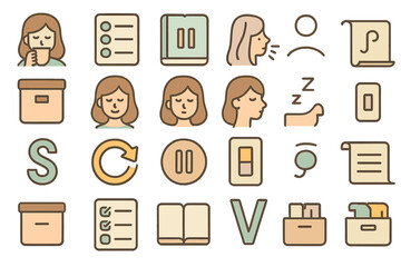 Icons representing various tasks, emotions, and activities in a digital format suitable for applications or websites