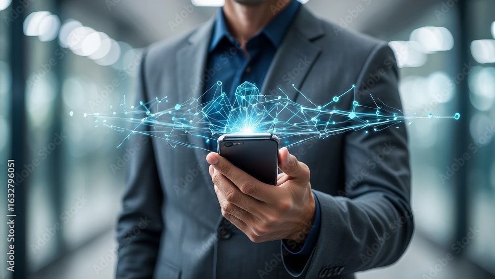 Poster businessman using mobile phone with digital network connection technology concept
