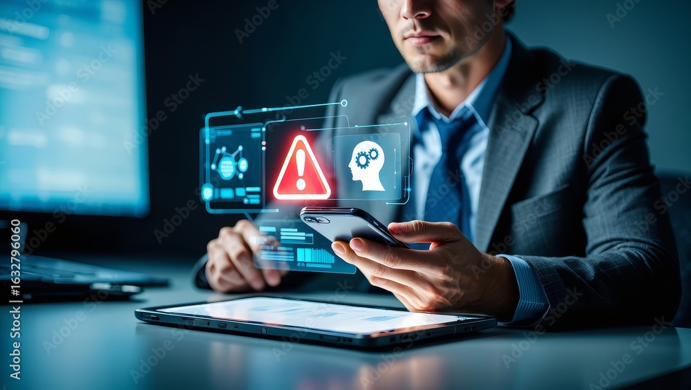 Poster cybersecurity threat detection man using phone with warning digital interface alert