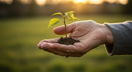 Nurturing Growth: A tender hand cradles a young seedling, its delicate green leaves reaching towards the warm, golden embrace of the sun. A symbol of hope, renewal.