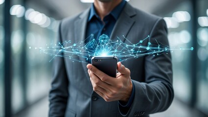 Businessman using mobile phone with digital network connection technology concept