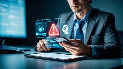 Cybersecurity threat detection man using phone with warning digital interface alert