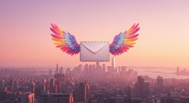 Celestial Correspondence: A luminous envelope adorned with vibrant, rainbow-colored wings soars gracefully above a sprawling cityscape. - Powered by Adobe
